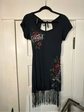 Affliction Y2K Sinful Femme Fatale Open Tie Back Fringe Dress